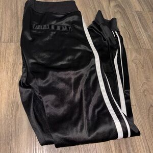 Black Satin Track Pants with White Stripes